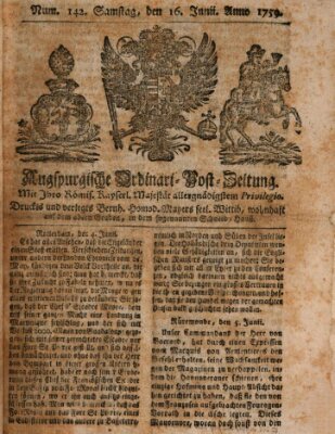 Augspurgische Ordinari-Post-Zeitung (Augsburger Postzeitung) Samstag 16. Juni 1759