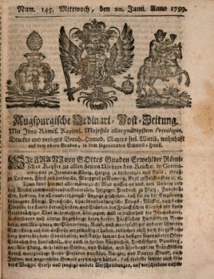 Augspurgische Ordinari-Post-Zeitung (Augsburger Postzeitung) Mittwoch 20. Juni 1759