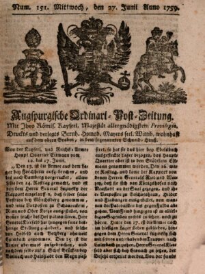 Augspurgische Ordinari-Post-Zeitung (Augsburger Postzeitung) Mittwoch 27. Juni 1759