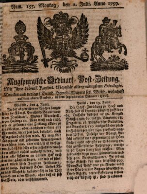 Augspurgische Ordinari-Post-Zeitung (Augsburger Postzeitung) Montag 2. Juli 1759