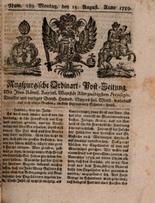 Augspurgische Ordinari-Post-Zeitung (Augsburger Postzeitung) Montag 13. August 1759