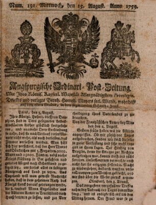 Augspurgische Ordinari-Post-Zeitung (Augsburger Postzeitung) Mittwoch 15. August 1759