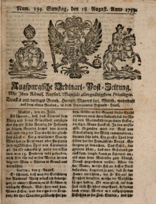 Augspurgische Ordinari-Post-Zeitung (Augsburger Postzeitung) Samstag 18. August 1759