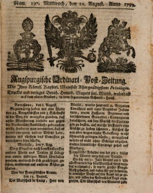 Augspurgische Ordinari-Post-Zeitung (Augsburger Postzeitung) Mittwoch 22. August 1759