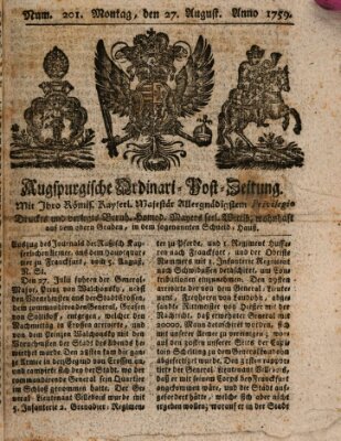 Augspurgische Ordinari-Post-Zeitung (Augsburger Postzeitung) Montag 27. August 1759