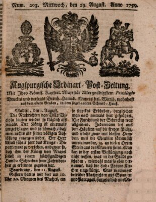 Augspurgische Ordinari-Post-Zeitung (Augsburger Postzeitung) Mittwoch 29. August 1759