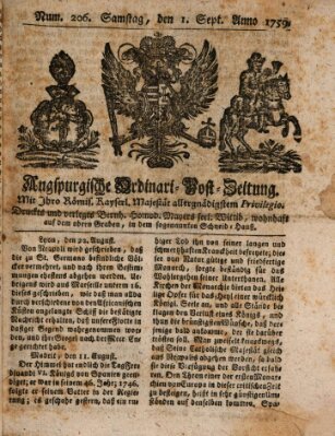 Augspurgische Ordinari-Post-Zeitung (Augsburger Postzeitung) Samstag 1. September 1759