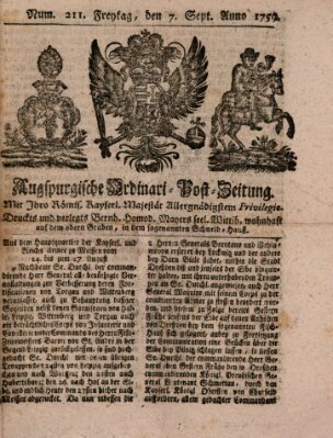 Augspurgische Ordinari-Post-Zeitung (Augsburger Postzeitung) Freitag 7. September 1759