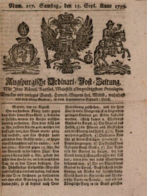 Augspurgische Ordinari-Post-Zeitung (Augsburger Postzeitung) Samstag 15. September 1759