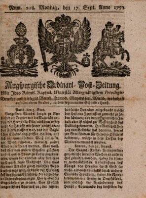 Augspurgische Ordinari-Post-Zeitung (Augsburger Postzeitung) Montag 17. September 1759