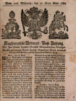 Augspurgische Ordinari-Post-Zeitung (Augsburger Postzeitung) Mittwoch 26. September 1759