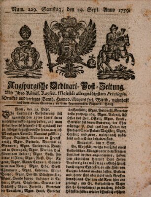 Augspurgische Ordinari-Post-Zeitung (Augsburger Postzeitung) Samstag 29. September 1759