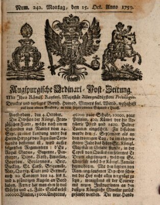 Augspurgische Ordinari-Post-Zeitung (Augsburger Postzeitung) Montag 15. Oktober 1759