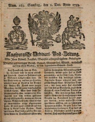 Augspurgische Ordinari-Post-Zeitung (Augsburger Postzeitung) Samstag 1. Dezember 1759