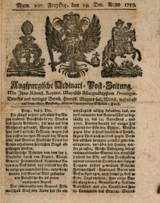 Augspurgische Ordinari-Post-Zeitung (Augsburger Postzeitung) Freitag 14. Dezember 1759