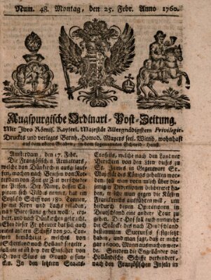 Augspurgische Ordinari-Post-Zeitung (Augsburger Postzeitung) Montag 25. Februar 1760