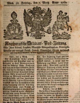 Augspurgische Ordinari-Post-Zeitung (Augsburger Postzeitung) Freitag 7. März 1760