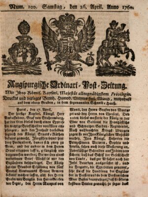 Augspurgische Ordinari-Post-Zeitung (Augsburger Postzeitung) Samstag 26. April 1760