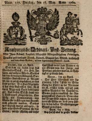 Augspurgische Ordinari-Post-Zeitung (Augsburger Postzeitung) Freitag 16. Mai 1760