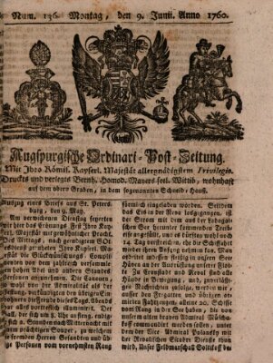 Augspurgische Ordinari-Post-Zeitung (Augsburger Postzeitung) Montag 9. Juni 1760