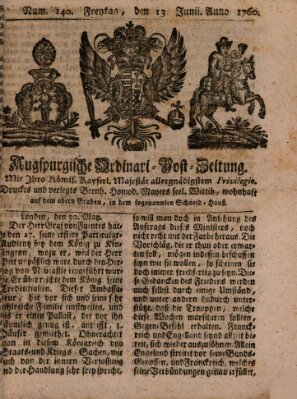 Augspurgische Ordinari-Post-Zeitung (Augsburger Postzeitung) Freitag 13. Juni 1760