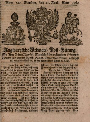 Augspurgische Ordinari-Post-Zeitung (Augsburger Postzeitung) Samstag 21. Juni 1760