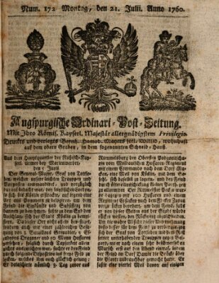 Augspurgische Ordinari-Post-Zeitung (Augsburger Postzeitung) Montag 21. Juli 1760