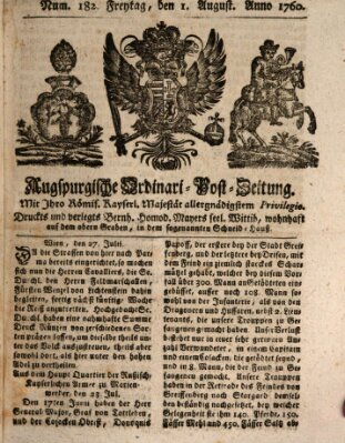 Augspurgische Ordinari-Post-Zeitung (Augsburger Postzeitung) Freitag 1. August 1760