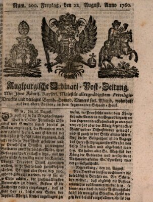 Augspurgische Ordinari-Post-Zeitung (Augsburger Postzeitung) Freitag 22. August 1760