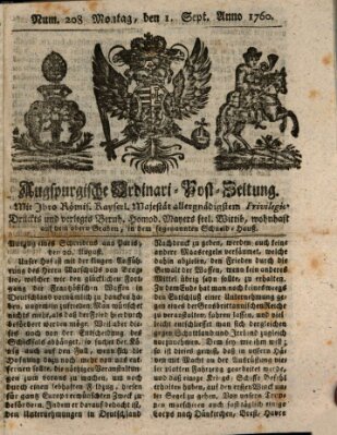 Augspurgische Ordinari-Post-Zeitung (Augsburger Postzeitung) Montag 1. September 1760