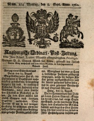 Augspurgische Ordinari-Post-Zeitung (Augsburger Postzeitung) Montag 8. September 1760