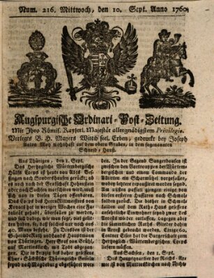 Augspurgische Ordinari-Post-Zeitung (Augsburger Postzeitung) Mittwoch 10. September 1760