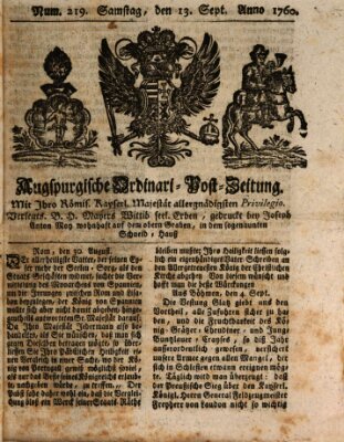 Augspurgische Ordinari-Post-Zeitung (Augsburger Postzeitung) Samstag 13. September 1760