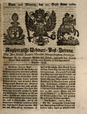 Augspurgische Ordinari-Post-Zeitung (Augsburger Postzeitung) Montag 22. September 1760