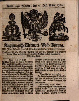 Augspurgische Ordinari-Post-Zeitung (Augsburger Postzeitung) Freitag 3. Oktober 1760