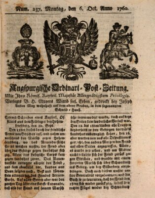 Augspurgische Ordinari-Post-Zeitung (Augsburger Postzeitung) Montag 6. Oktober 1760