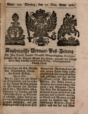 Augspurgische Ordinari-Post-Zeitung (Augsburger Postzeitung) Montag 17. November 1760