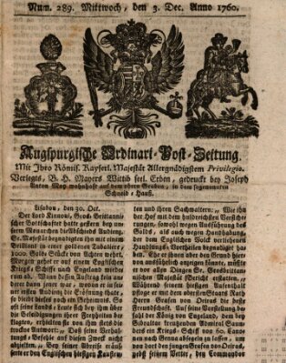 Augspurgische Ordinari-Post-Zeitung (Augsburger Postzeitung) Mittwoch 3. Dezember 1760