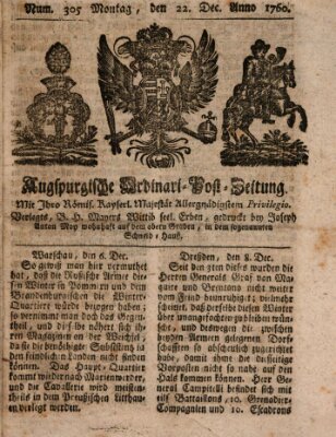 Augspurgische Ordinari-Post-Zeitung (Augsburger Postzeitung) Montag 22. Dezember 1760