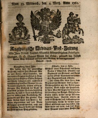 Augspurgische Ordinari-Post-Zeitung (Augsburger Postzeitung) Mittwoch 4. März 1761