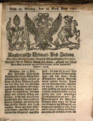 Augspurgische Ordinari-Post-Zeitung (Augsburger Postzeitung) Montag 16. März 1761