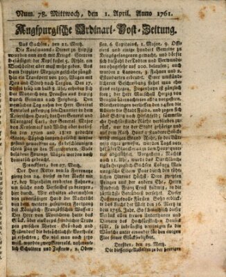 Augspurgische Ordinari-Post-Zeitung (Augsburger Postzeitung) Mittwoch 1. April 1761