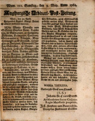 Augspurgische Ordinari-Post-Zeitung (Augsburger Postzeitung) Samstag 9. Mai 1761