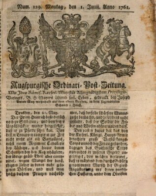 Augspurgische Ordinari-Post-Zeitung (Augsburger Postzeitung) Montag 1. Juni 1761