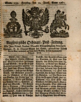 Augspurgische Ordinari-Post-Zeitung (Augsburger Postzeitung) Freitag 12. Juni 1761