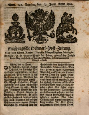 Augspurgische Ordinari-Post-Zeitung (Augsburger Postzeitung) Freitag 19. Juni 1761