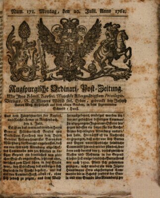 Augspurgische Ordinari-Post-Zeitung (Augsburger Postzeitung) Montag 20. Juli 1761