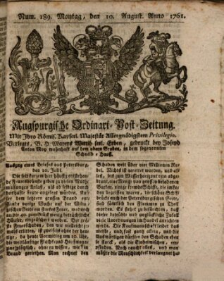 Augspurgische Ordinari-Post-Zeitung (Augsburger Postzeitung) Montag 10. August 1761