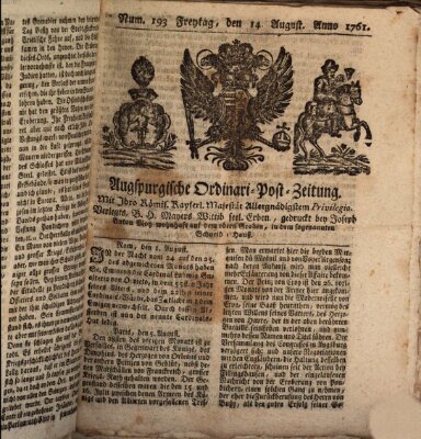 Augspurgische Ordinari-Post-Zeitung (Augsburger Postzeitung) Freitag 14. August 1761