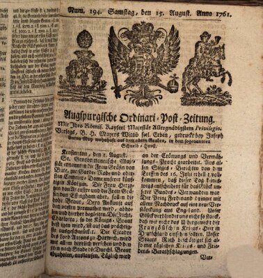 Augspurgische Ordinari-Post-Zeitung (Augsburger Postzeitung) Samstag 15. August 1761